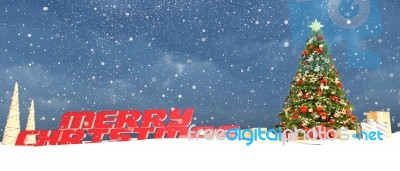 Christmas Tree Decorate In Winter Snow For Christmas Stock Image