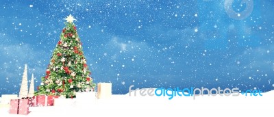 Christmas Tree Decorate In Winter Snow For Christmas Stock Image