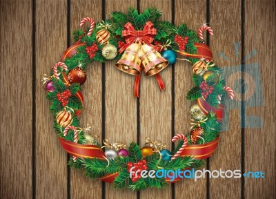 Christmas Wreath Over Wood Backdrop Stock Image