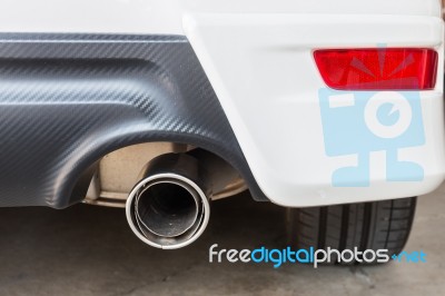 Chrome Pipe Of White Powerful Sport Car Bumper Stock Photo