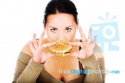 Chubby Girl And Fast Food Stock Photo