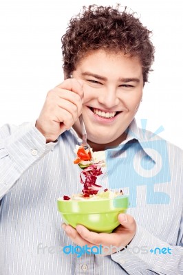 Chubby Man And Salad Stock Photo