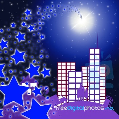 City Star Indicates Full Moon And Cityscape Stock Image
