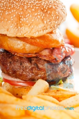 Classic Hamburger Sandwich And Fries Stock Photo