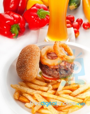 Classic Hamburger Sandwich And Fries Stock Photo