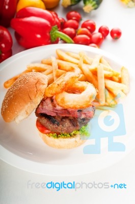 Classic Hamburger Sandwich And Fries Stock Photo