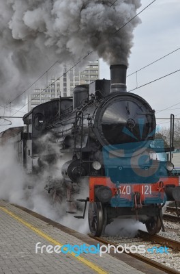 Classic Train In Clouds Of Smoke Stock Photo