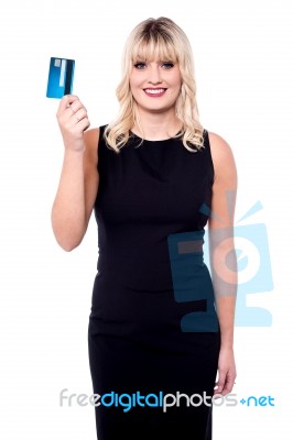 Classy Woman Holding Atm Card Stock Photo
