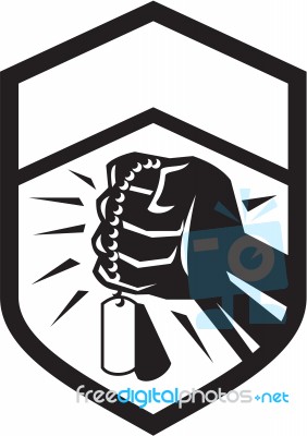 Clenched Fist Holding Dogtag Crest Retro Stock Image