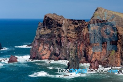 Cliffs At St Lawrence Madeira Showing Unusual Vertical Rock Form… Stock Photo