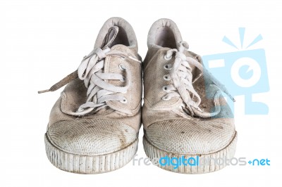 Close Up A Pair Of Dirty Sneakers Isolated On White Background Stock Photo