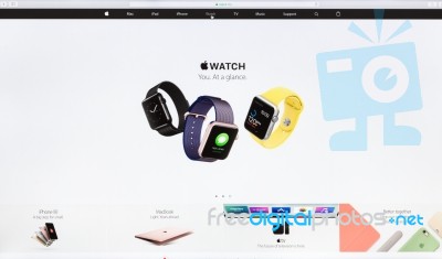 Close Up Apple Inc. Website On Imac Retina Screen Showcasing The Apple Watch New Wearable Technology Device Available For Sell Online Stock Photo