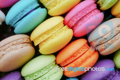 Close Up Colourful Tasty Sweet Macaroons Dessert On Black Backgr… Stock Photo