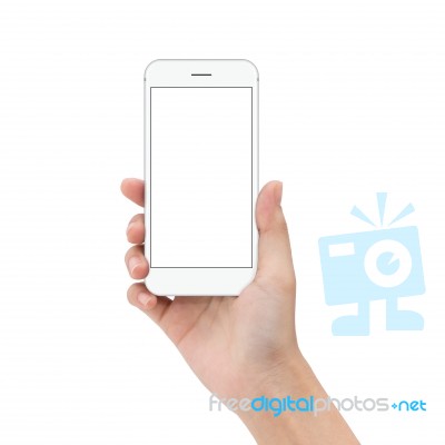 Close Up Hand Hold Phone Isolated On White, Mock-ups Phone White… Stock Photo