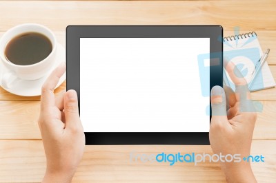 Close Up Hand Using Tablet White Screen Display Stock Photo