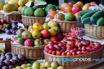 Close-up Of A Fruit And Vegetable Stall In Funchal Covered Marke… Stock Photo