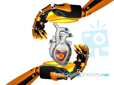 Close-up Of A Robot's Hand Holding Red Heart Stock Image