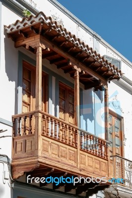 Close-up Of A Wooden Balcony On A Building In Gran Canaria Stock Photo