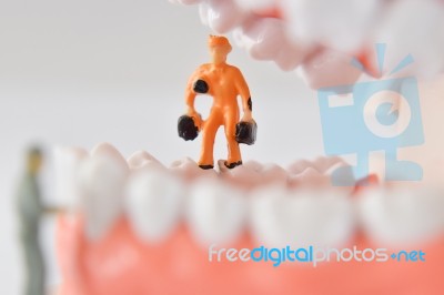 Close-up Of Miniature People Worker Cleaning Tooth Model As Medical And Healthcare. Idea For Cleaning Dental Care Or Dentist Stock Photo
