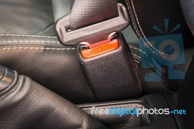 Close-up Of The Buckle Of A Seat Belt Or Safety Belt For Driving And Transportation By Car Stock Photo