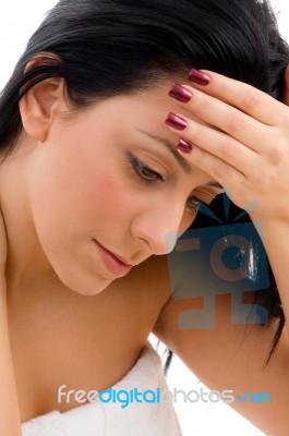 Close Up Of Woman In Towel On An Isolated White Background Stock Photo