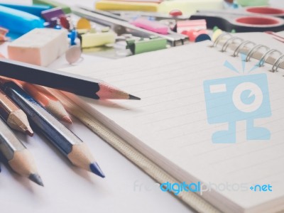 Close Up Office Supplies On Vintage Style Background Stock Photo