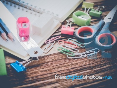 Close Up Office Supplies On Wood Table Made Vintage-retro Style Stock Photo