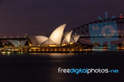 Close Up Opera House In Sydney At Night, Reflection On Harbour V… Stock Photo