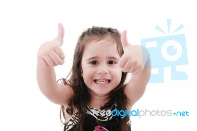 Close Up Portrait Of Cute Girl Showing Thumbs Up.isolated On Whi… Stock Photo
