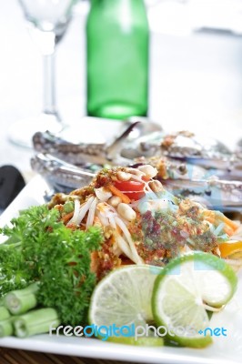 Close Up Sand Crab With Papaya Salad Stock Photo