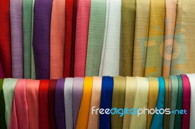 Close Up Scarf Many Background In Street Market Fabric Stock Photo