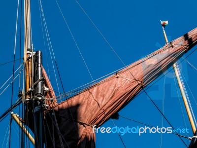 Close-up Thames Barge Furled Sai Stock Photo