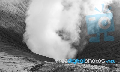 Close-up Volcano Crater Erupting Black And White Stock Photo