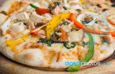 Closeup Delicious Pizza With Seafood Stock Photo