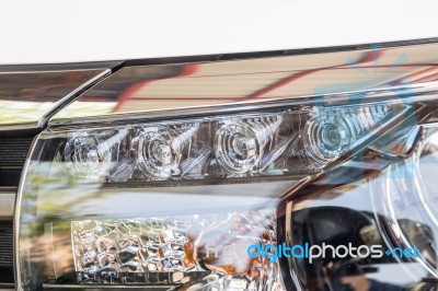 Closeup Led Headlights Daylight Running Of Modern White Car Stock Photo