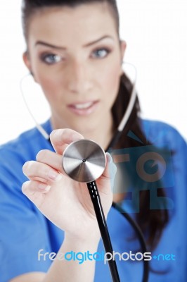 Closeup Shot Of Female Nurse With Stethoscope Stock Photo