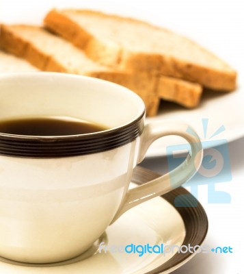 Coffee And Bread Means Meal Time And Beverage Stock Photo