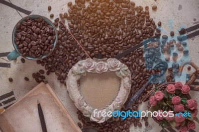 Coffee And Frame On Clock Stock Photo