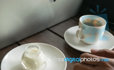 Coffee And Milk On Table Wood Background Stock Photo
