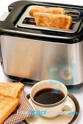 Coffee And Toast Indicates Morning Meal And Black Stock Photo