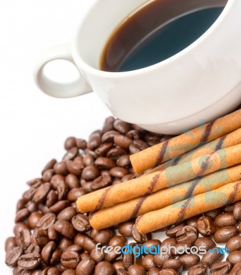 Coffee Beans Cup Represents Drink Fresh And Delicious Stock Photo