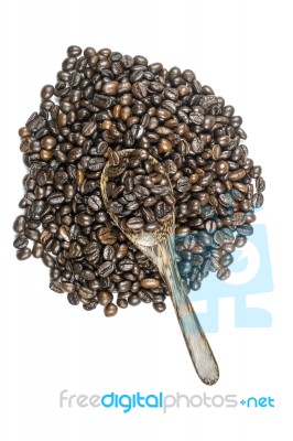 Coffee Beans In Olive Wood Spoon Stock Photo