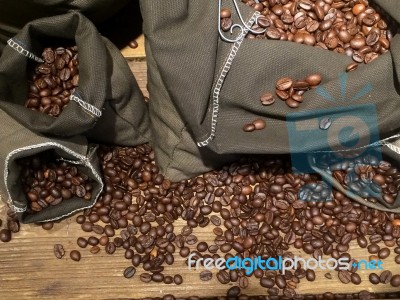 Coffee Beans On Bags Stock Photo