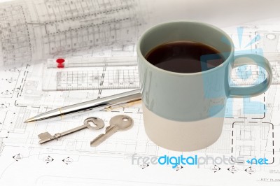 Coffee Cup On Working Table Stock Photo