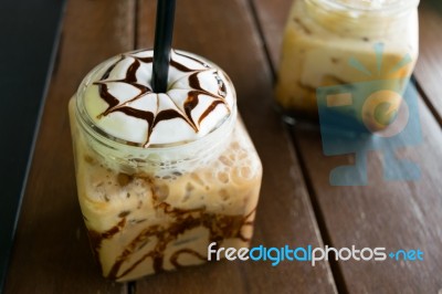Coffee, Iced Coffee Mocha On Table Wood In Cafe Stock Photo