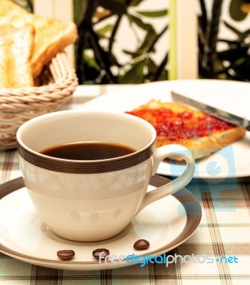 Coffee With Toast Represents Fruit Jams And Break Stock Photo