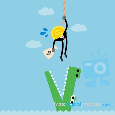Coin Money Climb Rope Escape Crocodile Stock Image