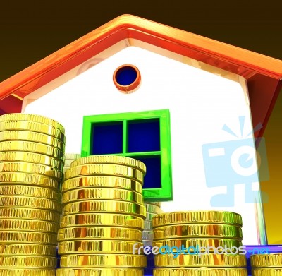 Coins Around House Shows Home Savings Stock Image
