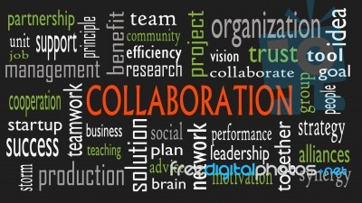 Collaboration Concept In Word Cloud Isolated On Black Background… Stock Image