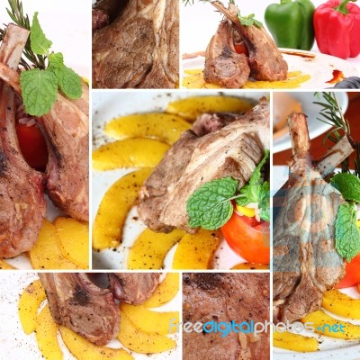 Collage Grilled Rib Lamb Stock Photo